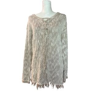 Natural Reflections‎ Women's L Lace Up Knit Tunic Top Fringe Hem Tan Beige